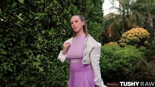 TUSHYRAW Pink lingerie brunette rides hard, gaps her ass