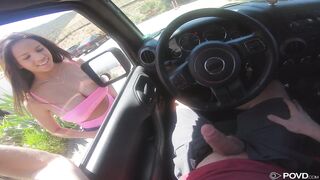 Busty Stranger Gives Handjob Blowjob in Car