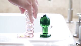 Kate England strips teases and gets ass eaten in tub then fucked