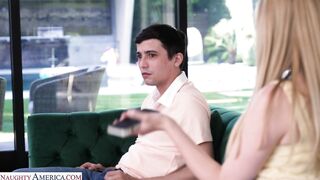 Blonde cutie Sahara Skye convinces friend's brother to play with her tits