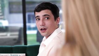 Blonde cutie Sahara Skye convinces friend's brother to play with her tits