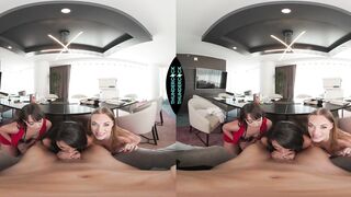 Whitney Wright shows the interns Hime Marie and Samantha Reigns what the boss is packing in his pants