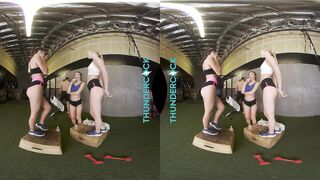 Petite co-ed hotties Braylin Bailey, Mae Milano, & Maya Woulfe hook up with a big dick hunk in the gym