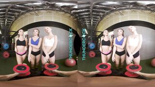 Petite co-ed hotties Braylin Bailey, Mae Milano, & Maya Woulfe hook up with a big dick hunk in the gym