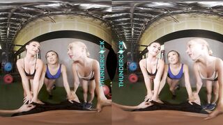 Petite co-ed hotties Braylin Bailey, Mae Milano, & Maya Woulfe hook up with a big dick hunk in the gym