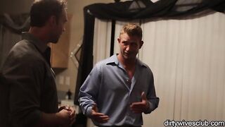 Julia Ann fucks two dicks in her house and fills her mouth with cum