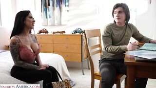 Busty tattooed hottie Lily Lane wears lingerie to seduce boyfriend's son