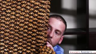 Masturbating boss gives a blindfolded blowjob to a big dick