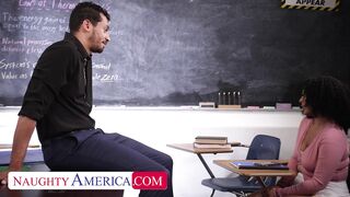 Busty black 18 year old Hadiya Honey gets lessons in fucking from her teacher